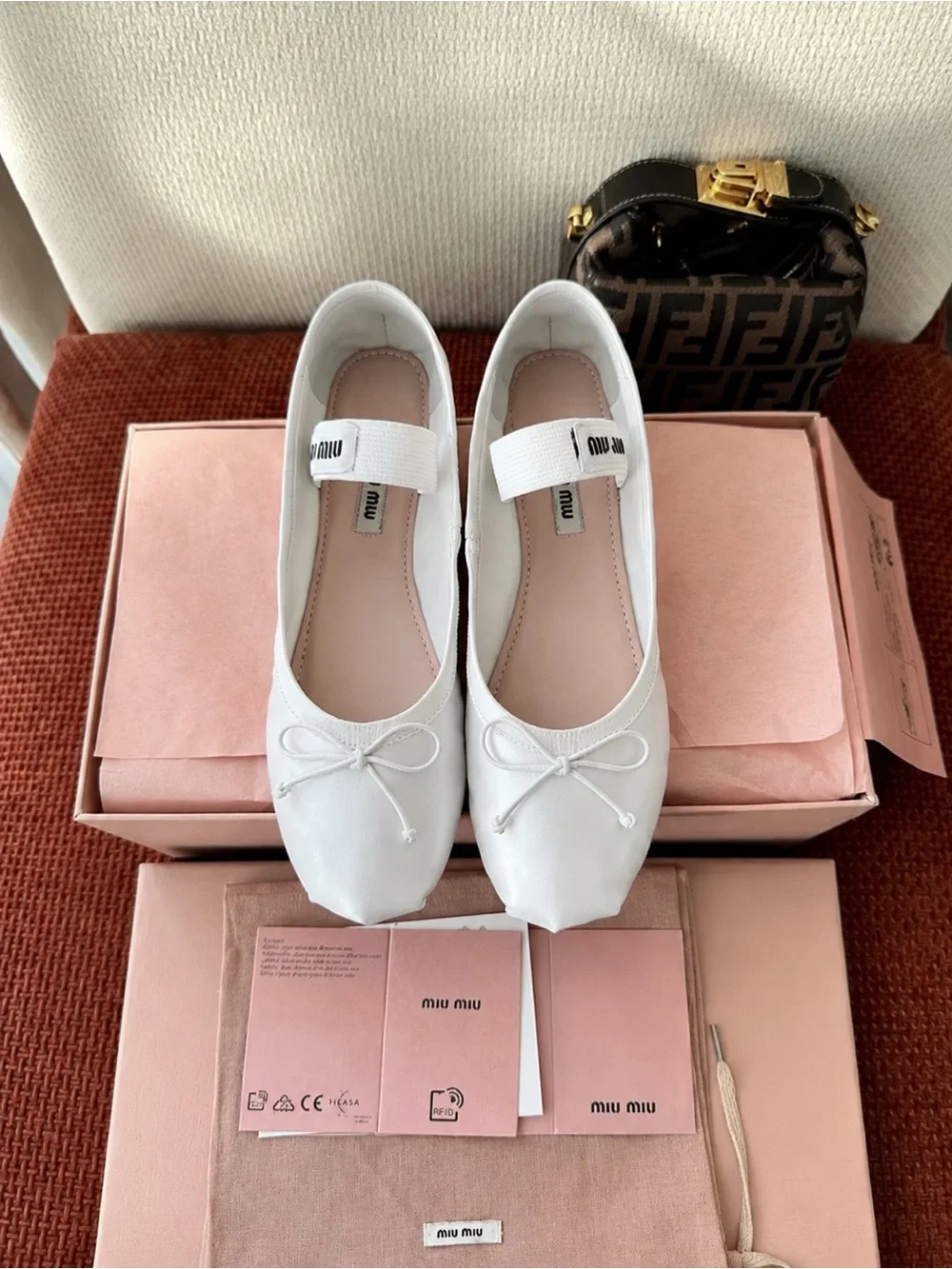 Miu Miu White Girls' Leather Ballet Flats with Elastic Strap